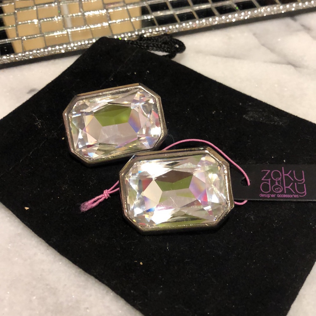 Large Emerald Cut Crystal Clip On Earrings-Boutique
